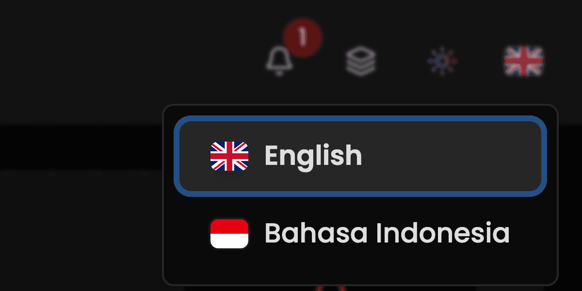 App header with the English and Bahasa Indonesia language menu open