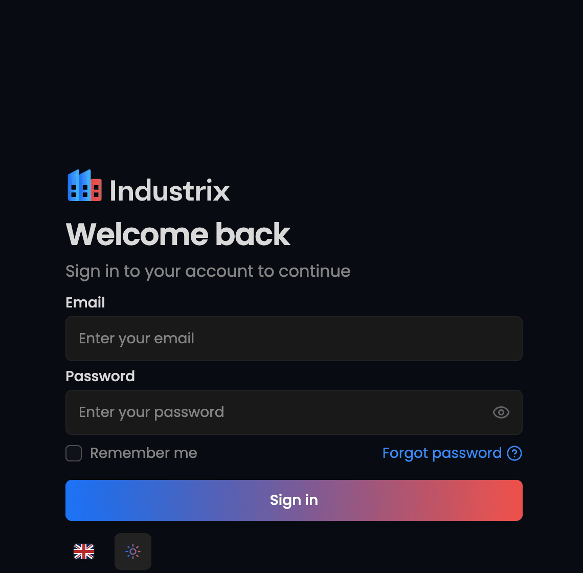 Sign-in page in dark appearance with the theme button next to the language button