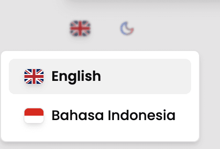 Language menu with English and Bahasa Indonesia options