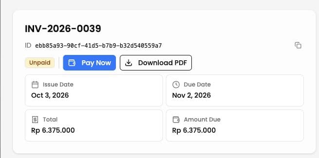 Outstanding bill detail showing status, amount due, and Pay Now