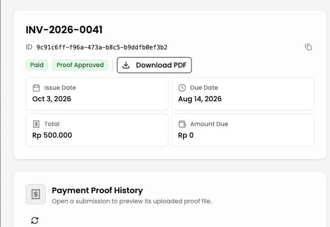 Paid bill showing zero amount due and an approved payment proof