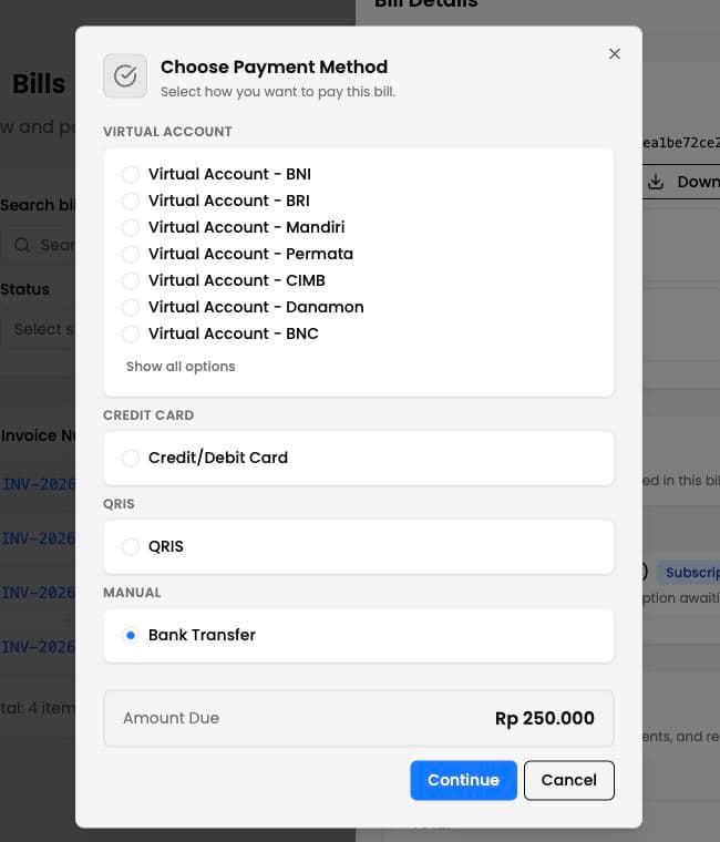 Payment method dialog showing virtual account, card, QRIS, and bank transfer choices