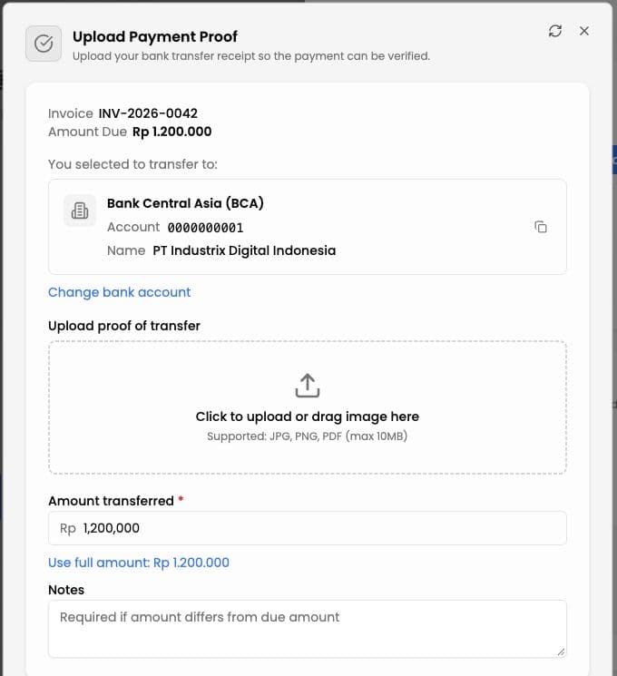 Upload Payment Proof form showing receipt upload, amount transferred, and notes