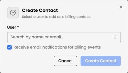 Create Contact dialog with a user search field and billing email option