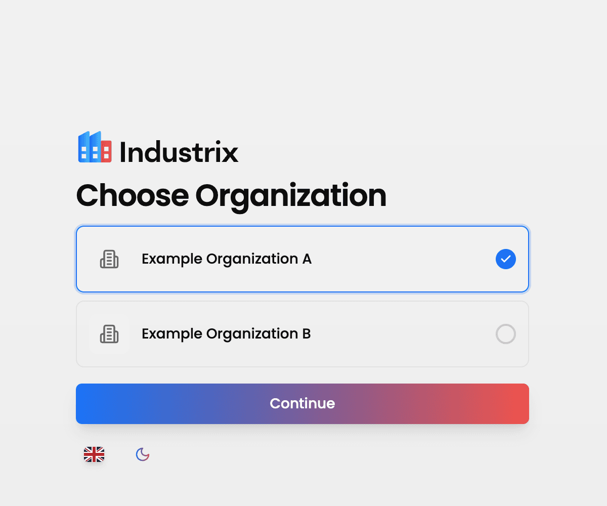 Organization picker with two example organizations and one selected