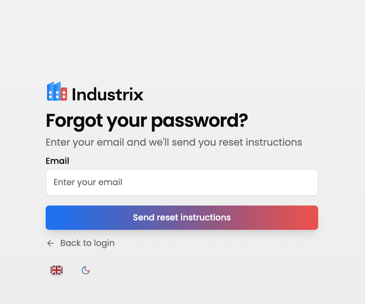 Password reset request page with email field and Send reset instructions button