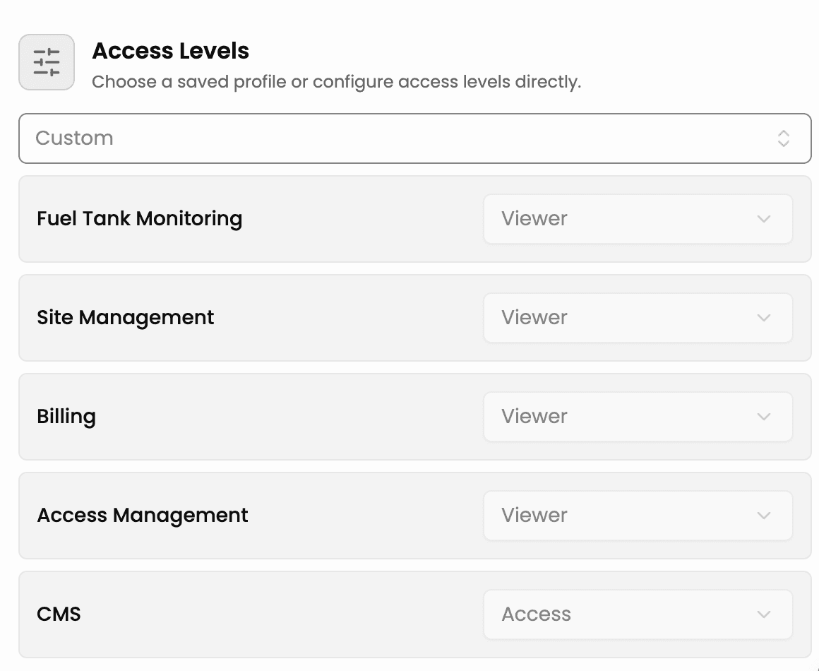 Access levels assigned by product area on a user detail page