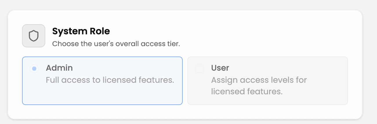 Admin selected as the system role on a user detail page
