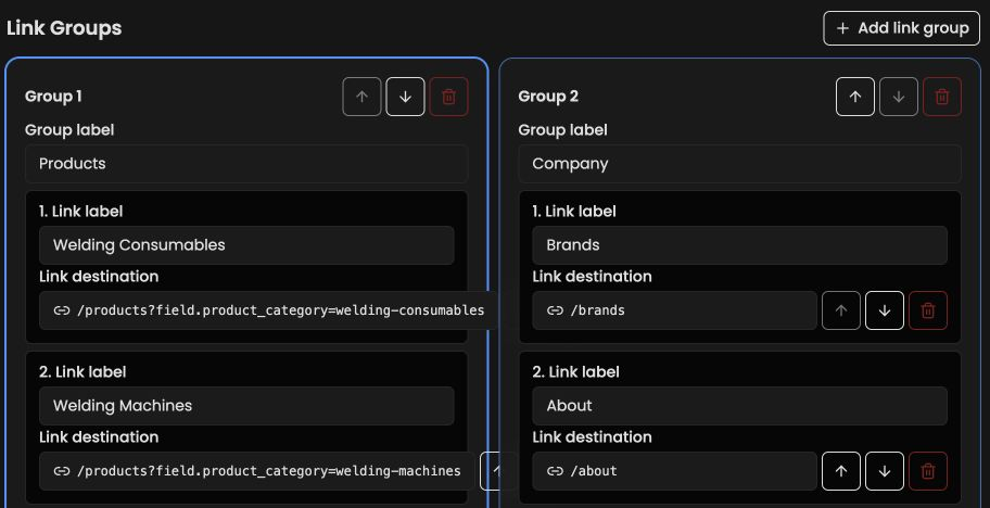 Footer link groups with group labels, destinations, and Add link group button