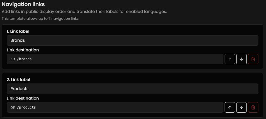Header navigation link labels, destinations, and move controls